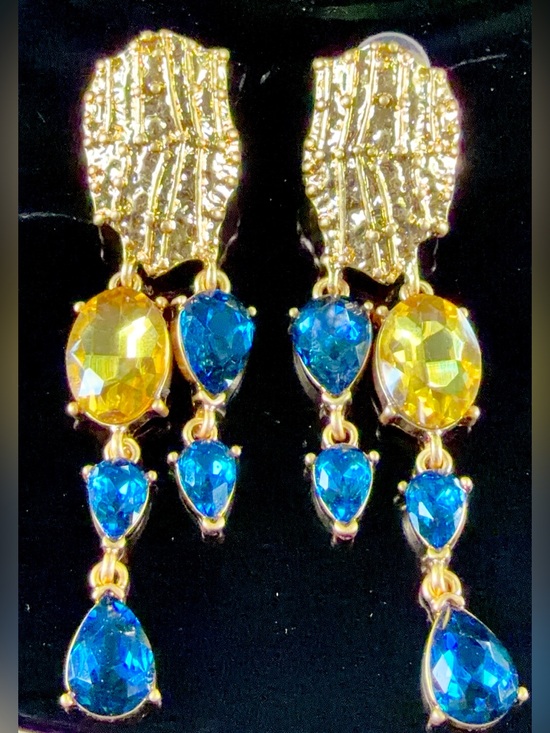 Oscar de la Renta Jewelry - Oscar de la Renta Gold Tone Drop Earrings Citrine /Capri Blue Crystals⭐️ CLIP ON